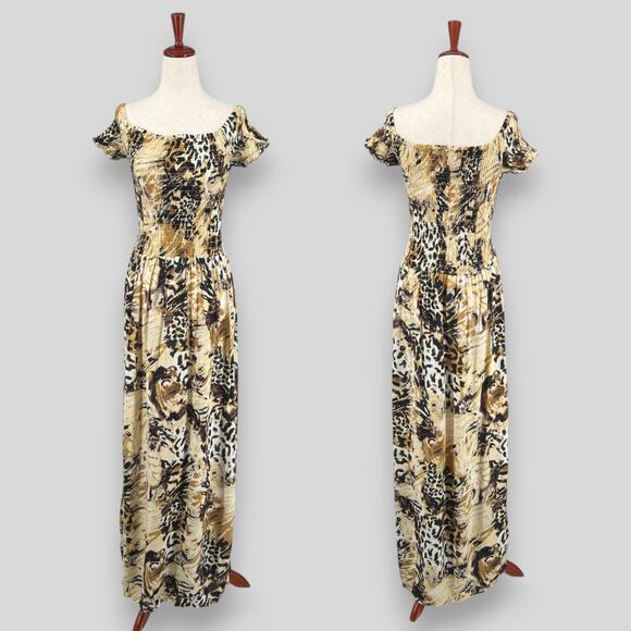 Vintage Dresses & Skirts - Y2k Vintage Animal Print Smocked Maxi Dress Size Small / Medium